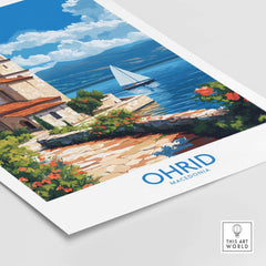 Ohrid Travel Poster featuring a scenic view of Lake Ohrid with a sailboat and vibrant landscape in Macedonia.