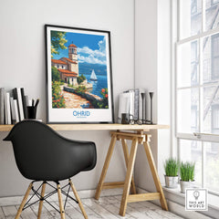 Ohrid Travel Poster showcasing Lake Ohrid in a stylish home office setting with a black chair and desk.