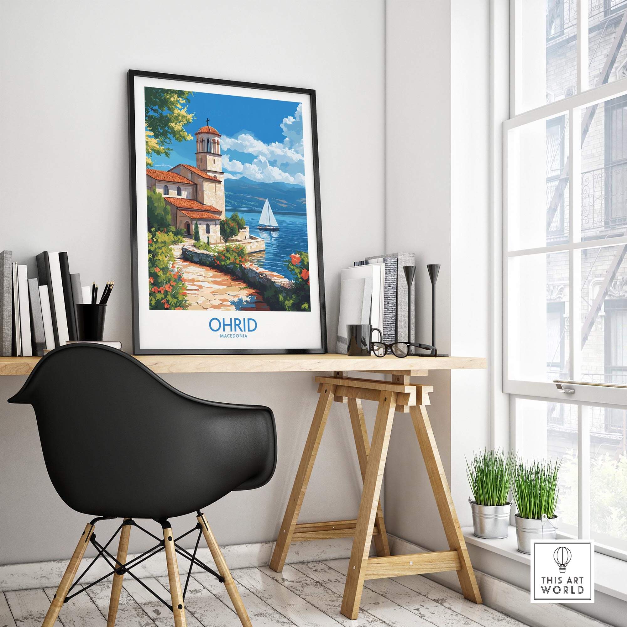 Ohrid Travel Poster showcasing Lake Ohrid in a stylish home office setting with a black chair and desk.