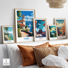 Ohrid Travel Poster showcased among other travel posters in a stylish home setting with modern decor.