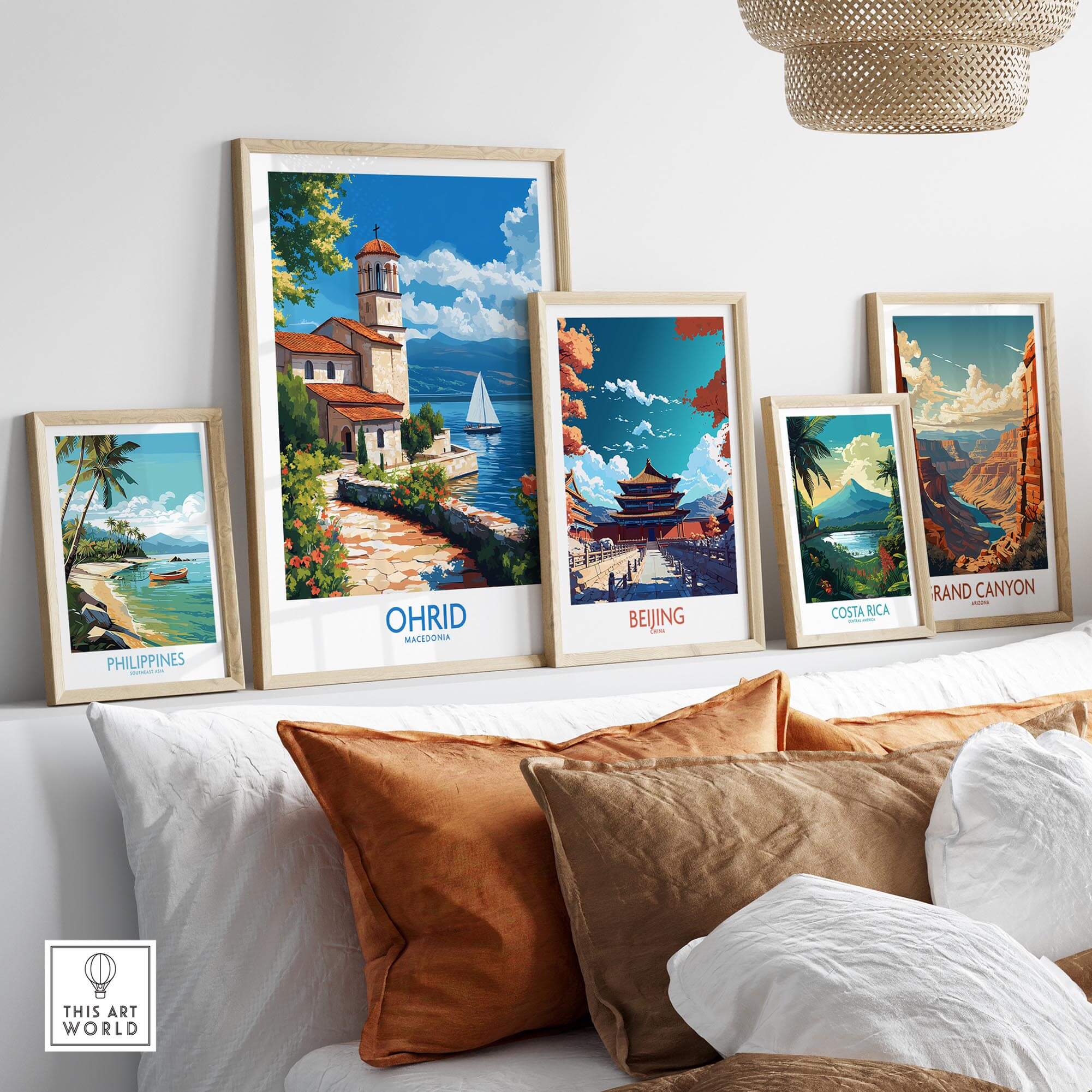 Ohrid Travel Poster showcased among other travel posters in a stylish home setting with modern decor.