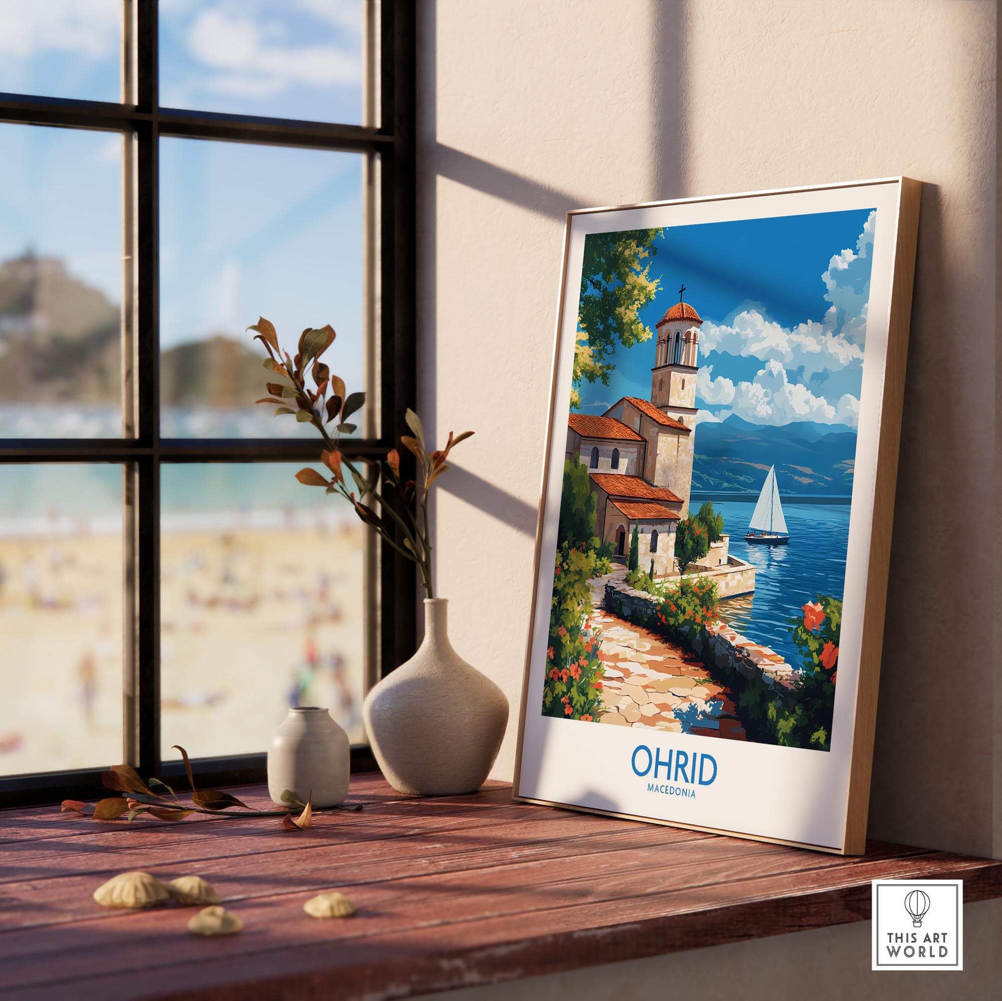 Ohrid Travel Poster featuring a scenic view of Lake Ohrid with a lighthouse and sailing boat.