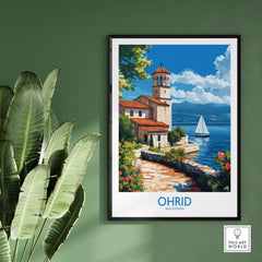 Ohrid Travel Poster featuring a picturesque view of Lake Ohrid and a charming lakeside church in Macedonia.