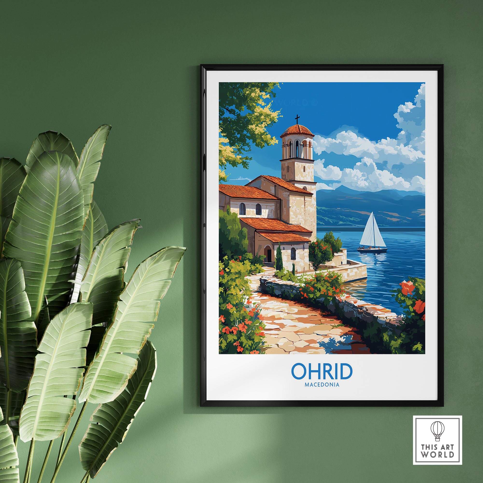 Ohrid Travel Poster featuring a picturesque view of Lake Ohrid and a charming lakeside church in Macedonia.