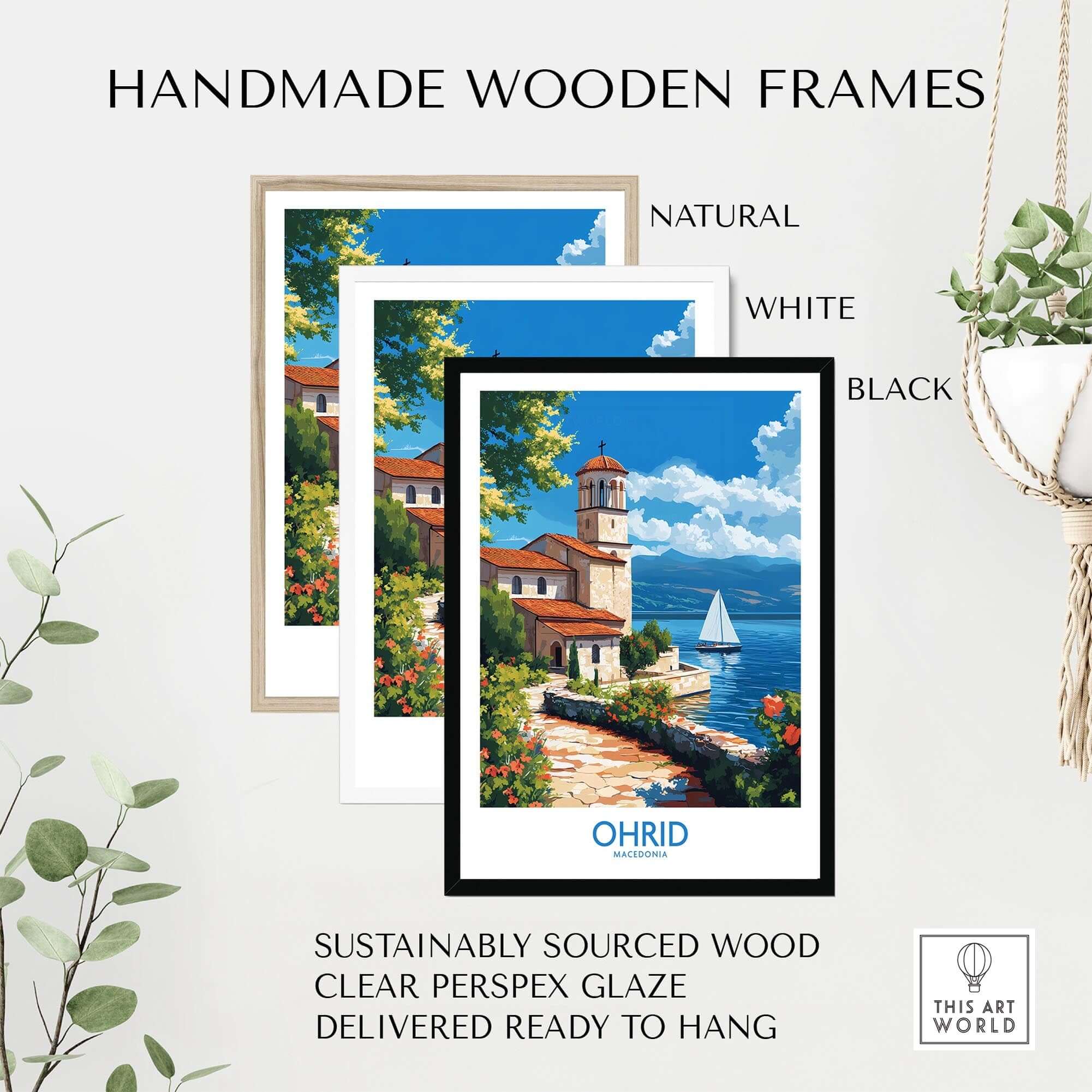 Ohrid Travel Poster displayed in natural, white, and black handmade wooden frames.