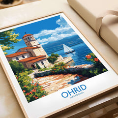 Ohrid Travel Poster showcasing Lake Ohrid with a charming church and sailing boat in vibrant colors.