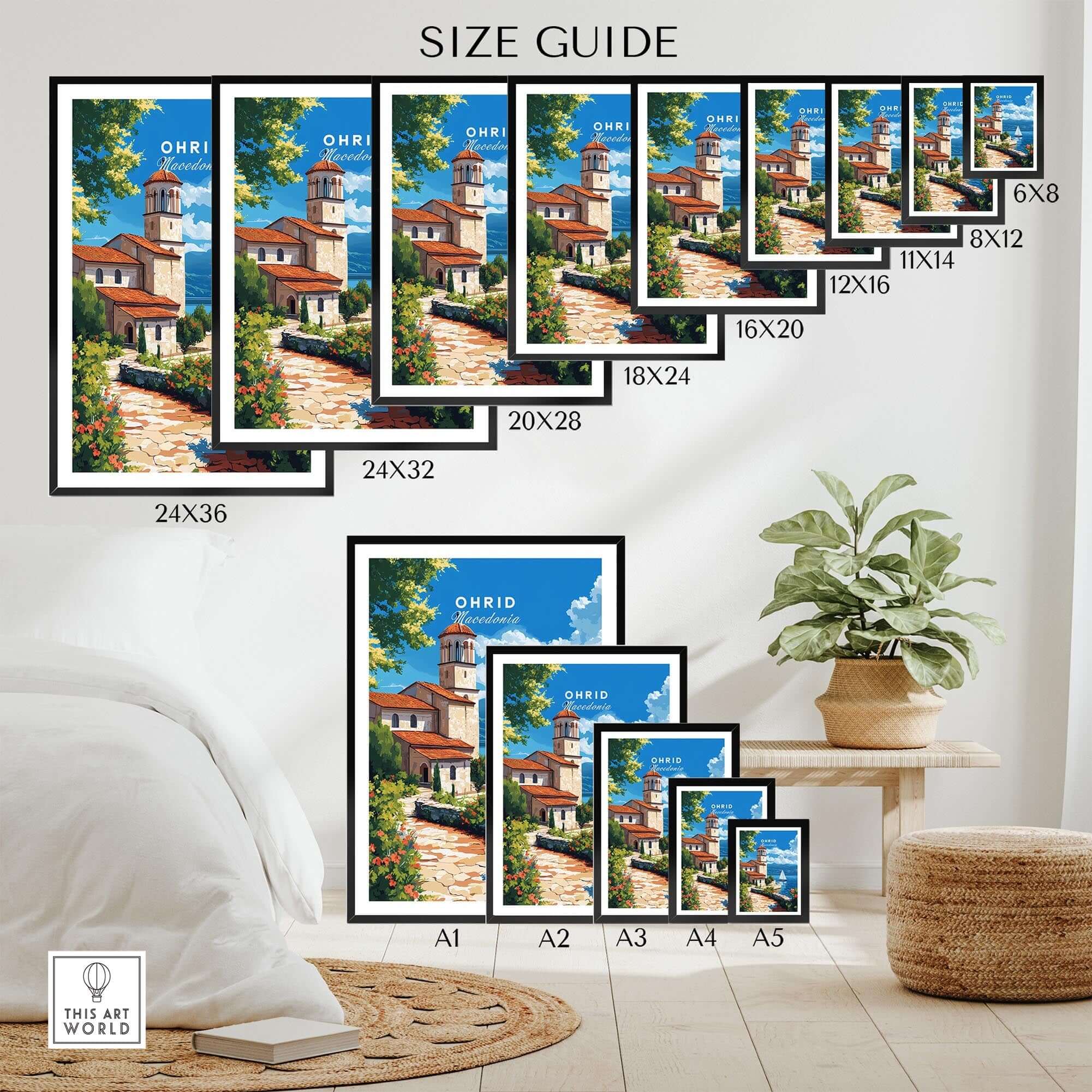 Ohrid Travel Print size guide showing various dimensions for the Ohrid Travel Print, ideal for home decor.