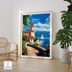 Ohrid Travel Print showcasing serene Lake Ohrid with a picturesque view of Macedonia's landscape.