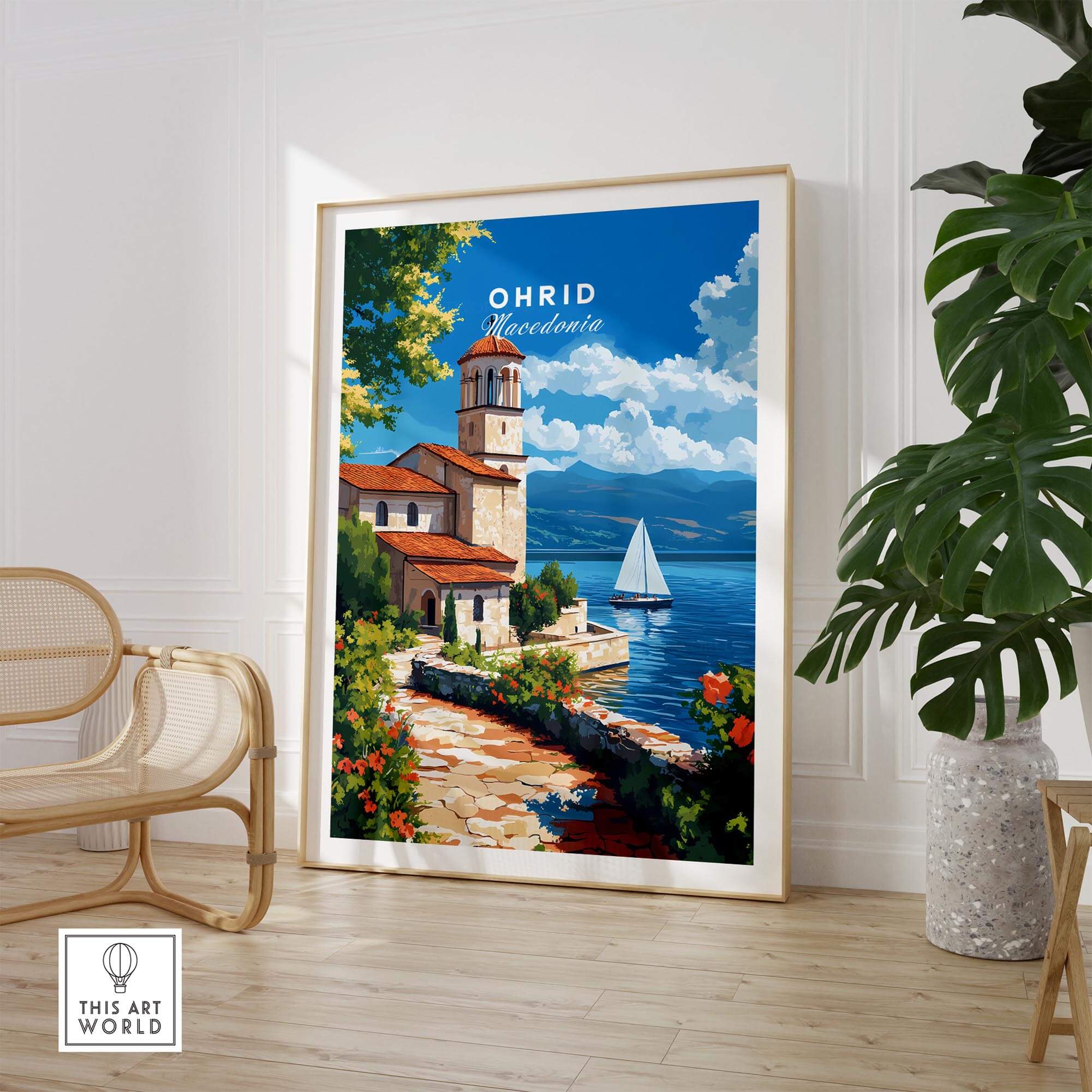 Ohrid Travel Print showcasing serene Lake Ohrid with a picturesque view of Macedonia's landscape.
