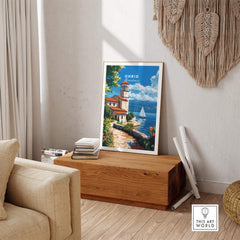 Ohrid Travel Print featuring a picturesque scene of Lake Ohrid and a charming lakeside village.