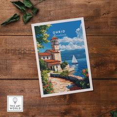 Ohrid Travel Print showcasing Lake Ohrid's stunning scenery and architecture, perfect for travel lovers.