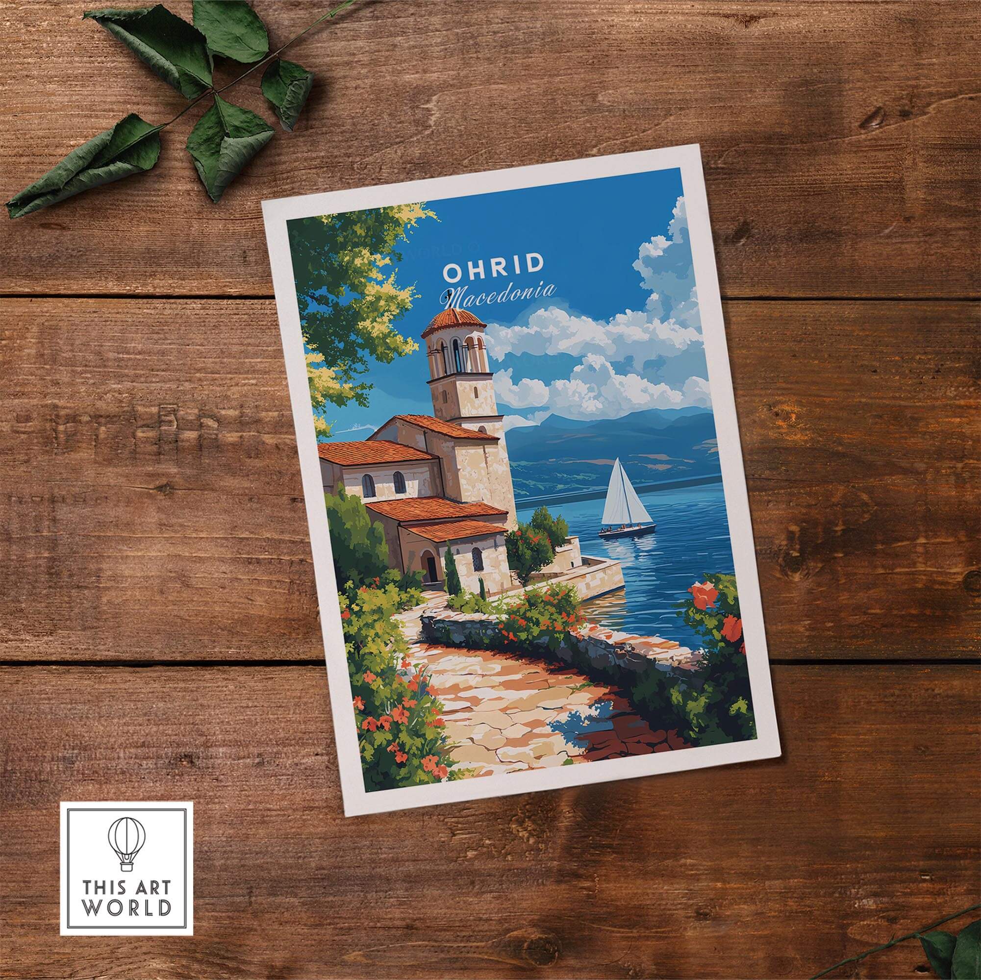 Ohrid Travel Print showcasing Lake Ohrid's stunning scenery and architecture, perfect for travel lovers.