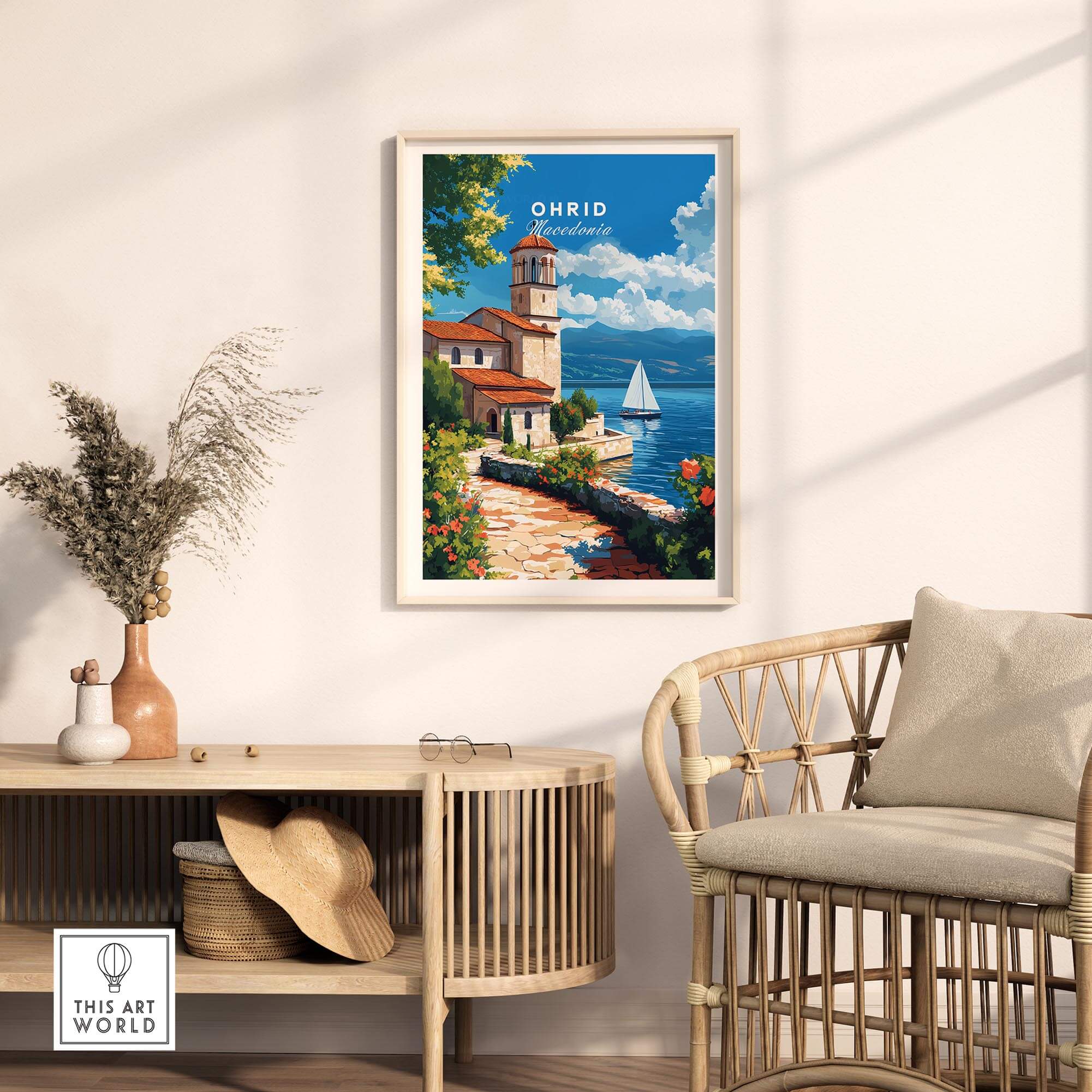 Ohrid Travel Print showcasing Lake Ohrid and serene landscapes in Macedonia, perfect for travel enthusiasts.