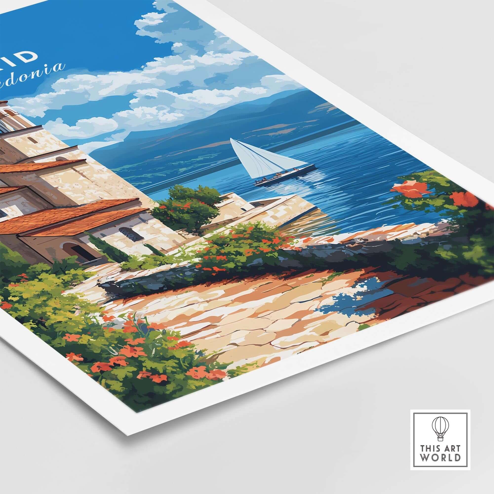Ohrid Travel Print featuring the serene Lake Ohrid and stunning architecture of Macedonia.