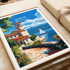 Ohrid Travel Print showcasing the serene Lake Ohrid in Macedonia with vibrant colors and a picturesque landscape.