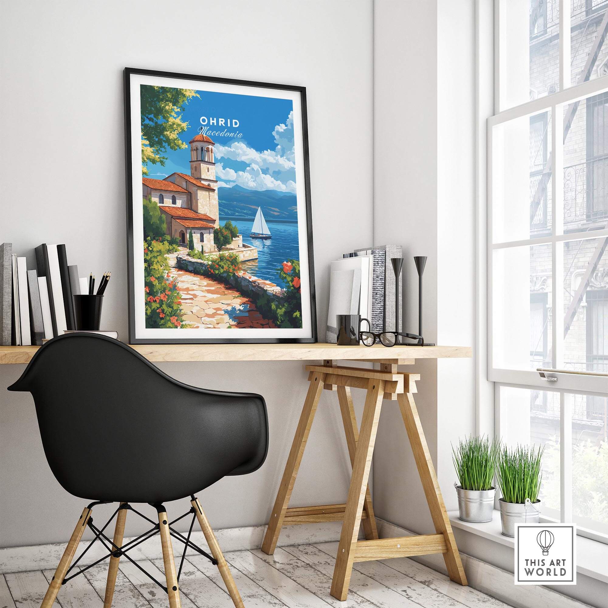 Ohrid Travel Print featuring vibrant artwork of Lake Ohrid scene in an artistic living space.