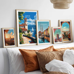 Ohrid Travel Print showcased among other city travel prints, capturing the beauty of Macedonia and inspiring exploration.