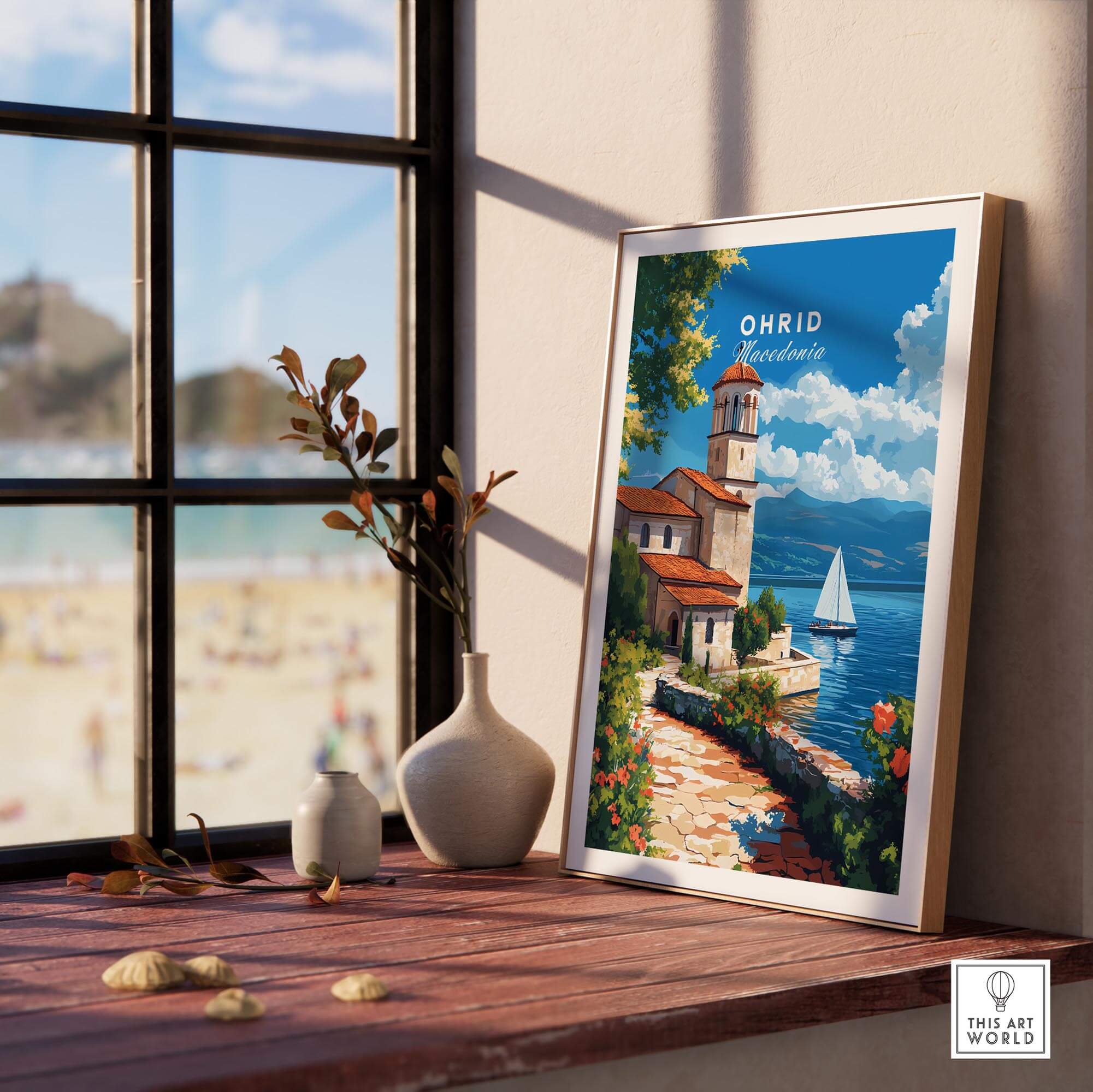 Ohrid Travel Print featuring a scenic lakeside view with a lighthouse and sailboat, capturing Macedonia's beauty.