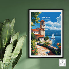 Ohrid Travel Print featuring a serene lakeside scene in Macedonia with vibrant colors and a sailboat.