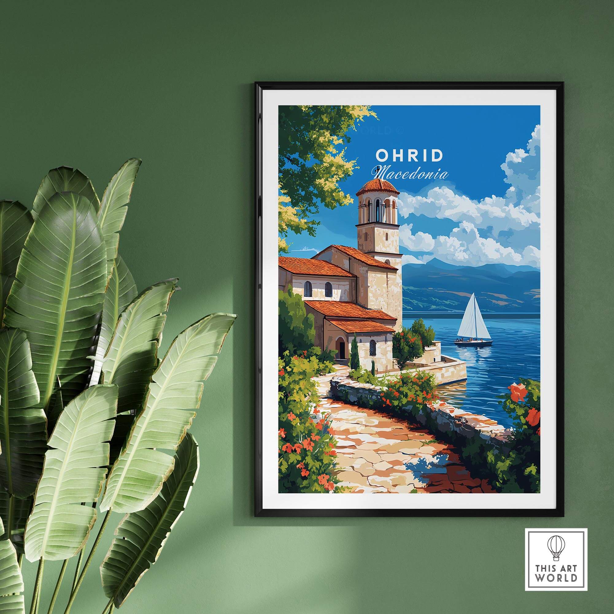 Ohrid Travel Print featuring a serene lakeside scene in Macedonia with vibrant colors and a sailboat.
