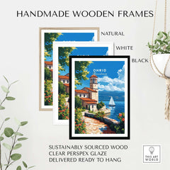 Ohrid Travel Print in handmade wooden frames, natural, white, and black, featuring sustainable materials and ready to hang.