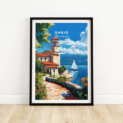 Ohrid Travel Print showcasing a serene lakeside scene with a sailboat and stunning architecture in Macedonia.