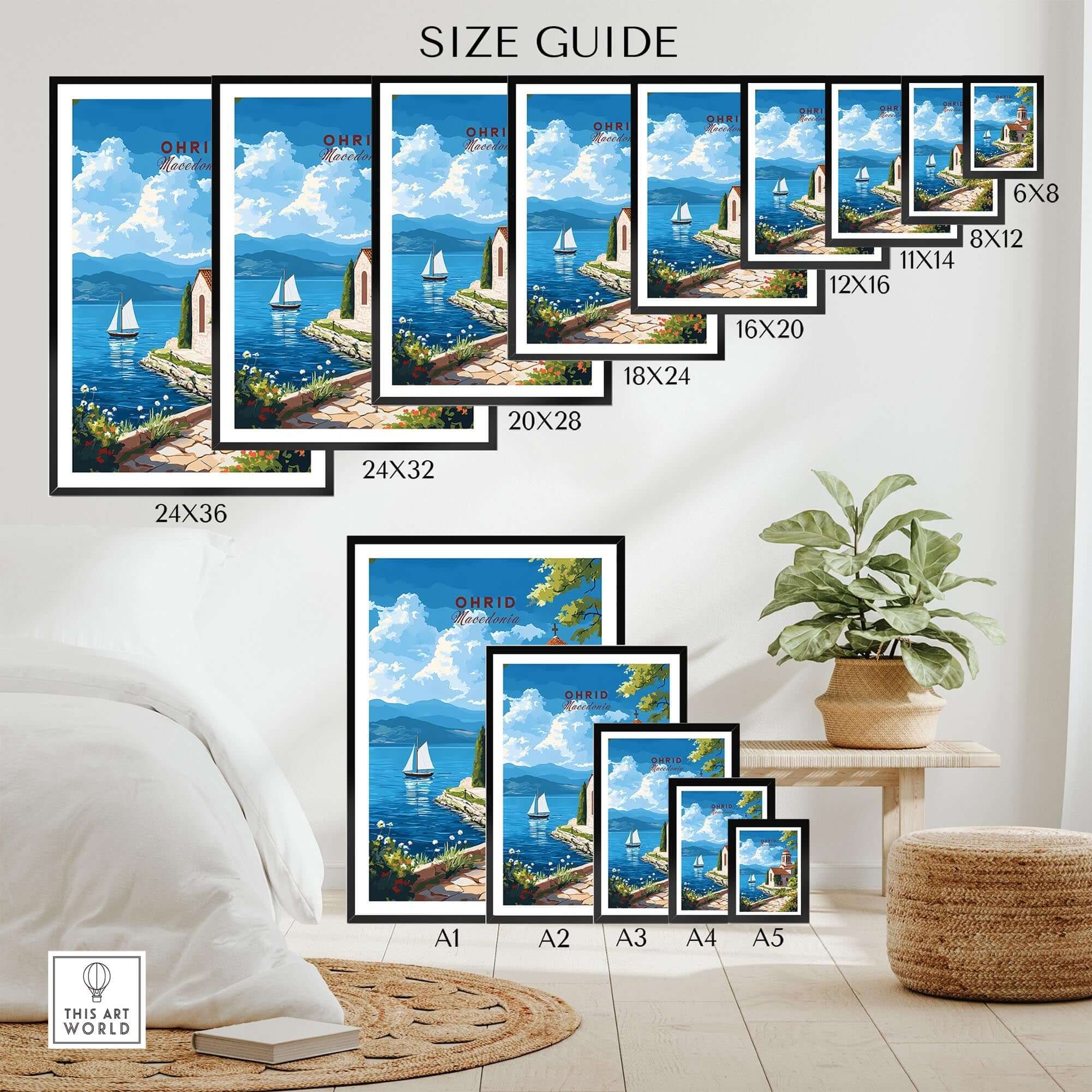 Ohrid Wall Art size guide showcasing various frame dimensions for home decor.