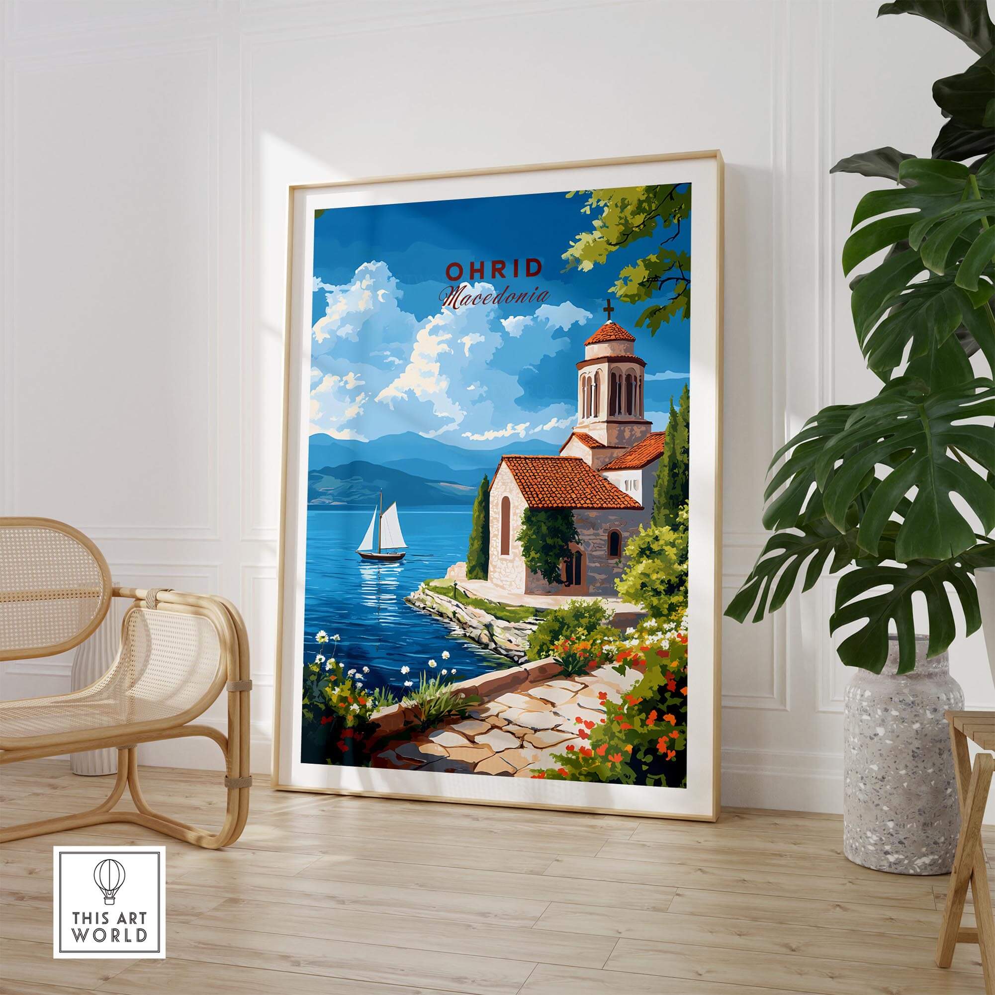 Ohrid Wall Art featuring a serene lake and a beautiful church under a blue sky, enhancing home decor and artistic flair.