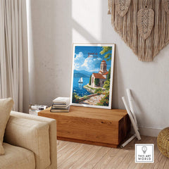 Ohrid Wall Art showcasing a picturesque lakeside scene in a stylish living room setting.