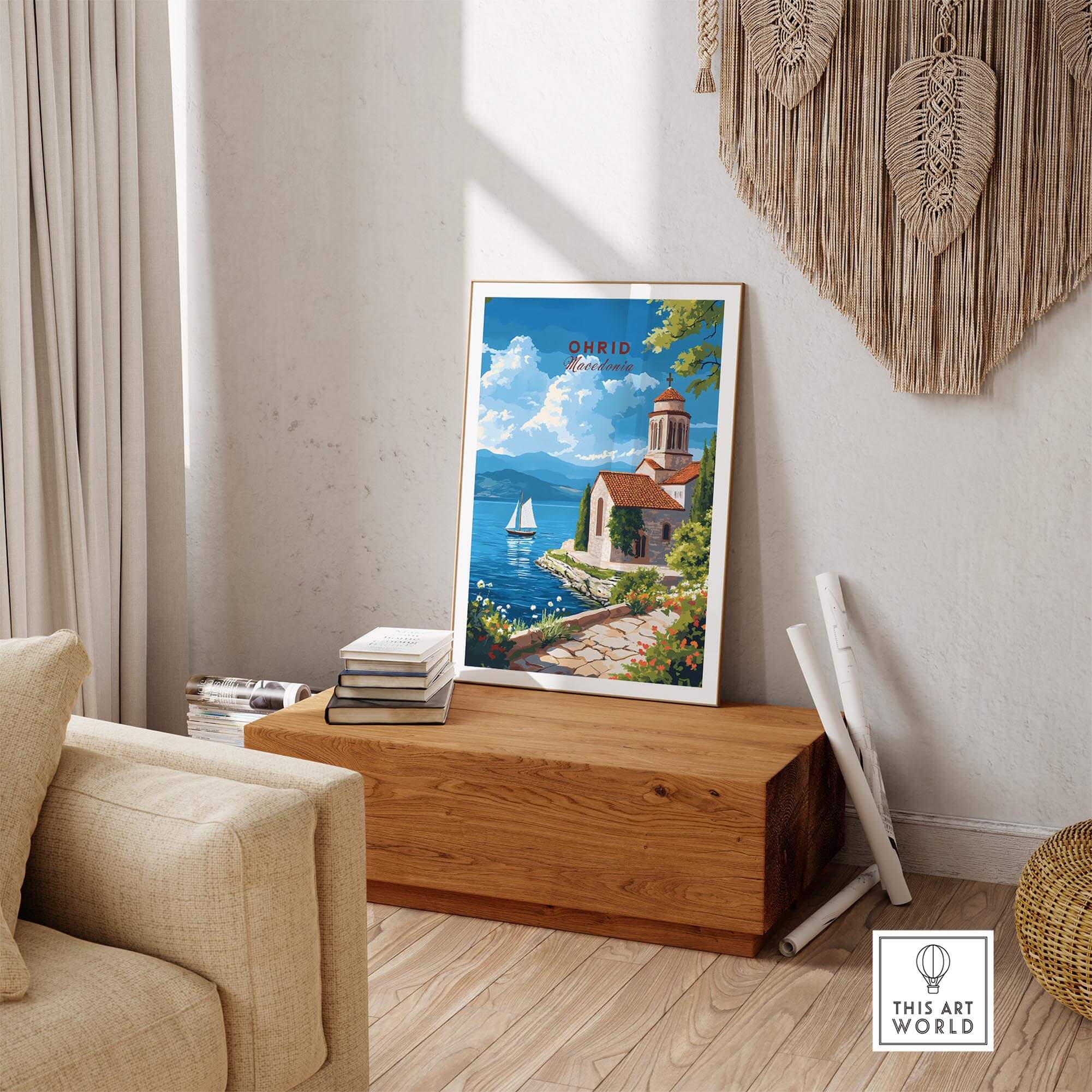 Ohrid Wall Art showcasing a picturesque lakeside scene in a stylish living room setting.