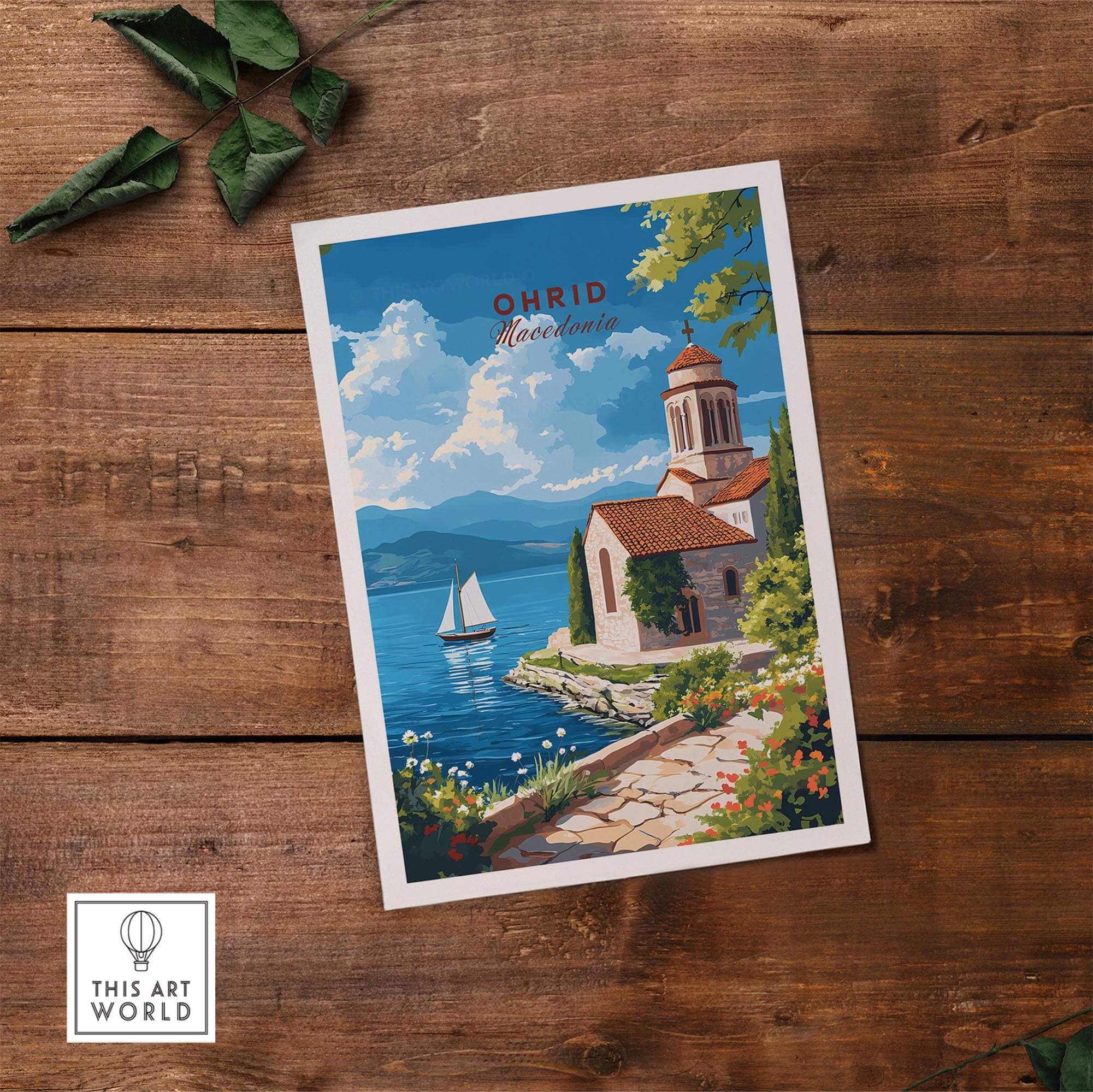 Ohrid Wall Art showcasing a serene lakeside scene with a historic building, perfect for home decor and travel enthusiasts.