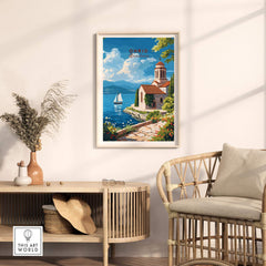 Ohrid Wall Art showcasing a serene lakeside scene with a boat and a charming church, perfect for home decor.