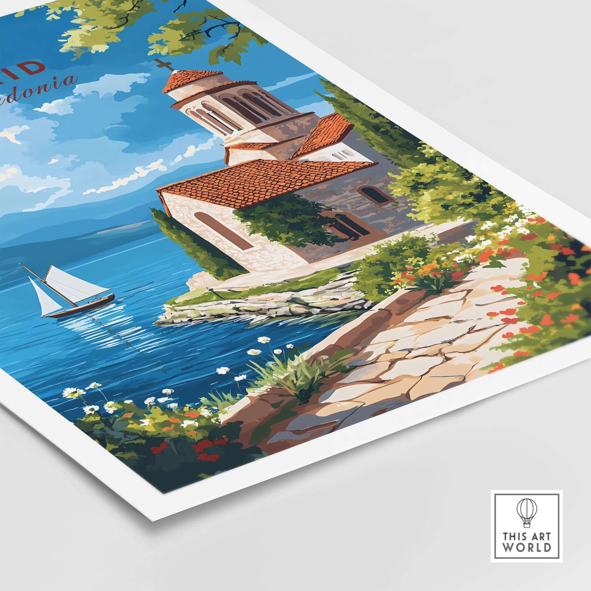 Ohrid Wall Art featuring a scenic view of Macedonia with a lakeside church and sailboat, vibrant colors.