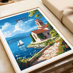 Ohrid Wall Art featuring a picturesque view of Ohrid, Macedonia with a lake and a sailboat.