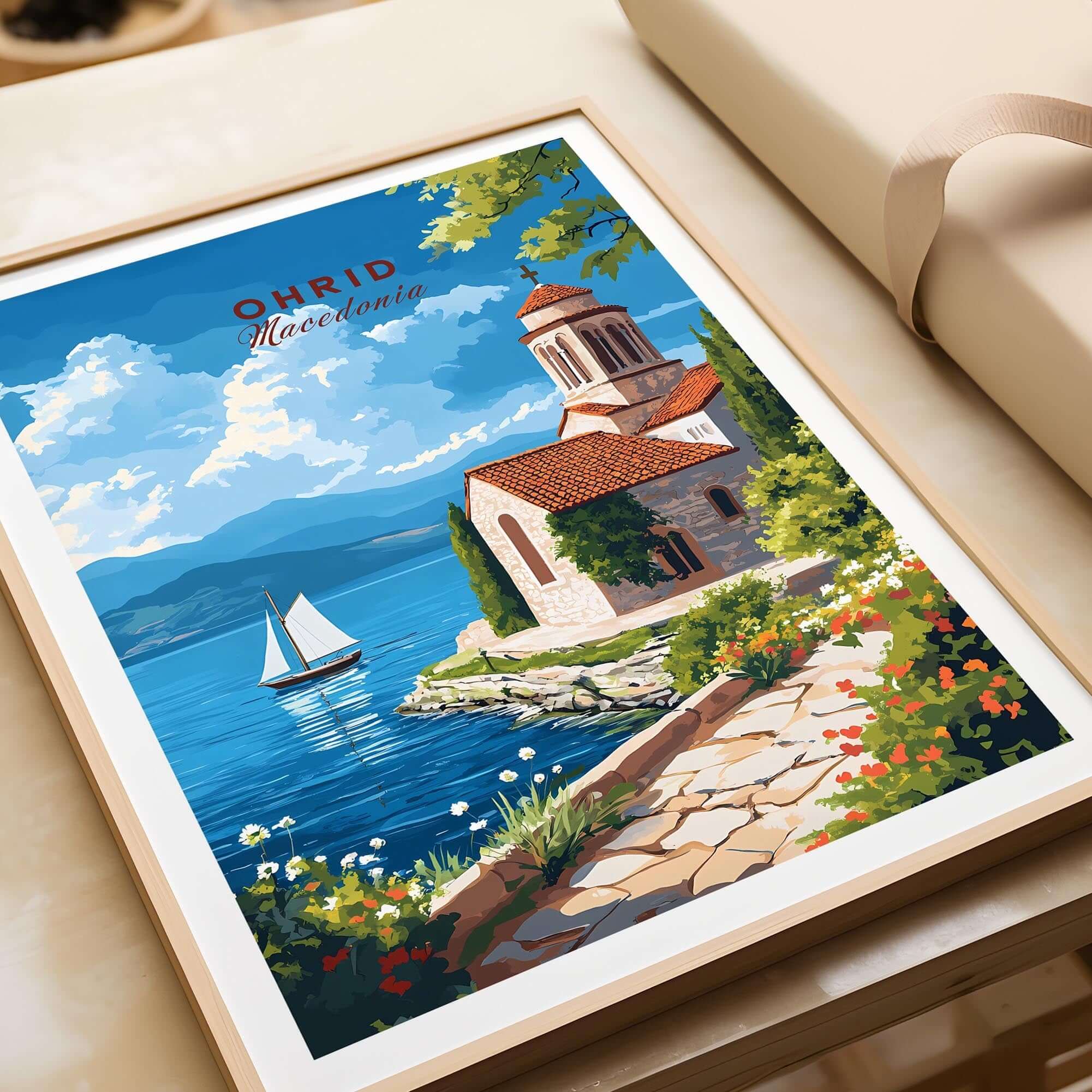 Ohrid Wall Art featuring a picturesque view of Ohrid, Macedonia with a lake and a sailboat.