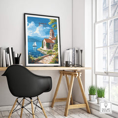 Ohrid Wall Art featuring a beautiful lakeside scene with a sailboat and charming architecture for home decor.