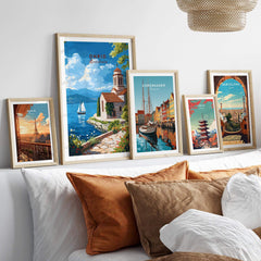 Ohrid Wall Art displayed on a stylish wall above a couch with decorative pillows.