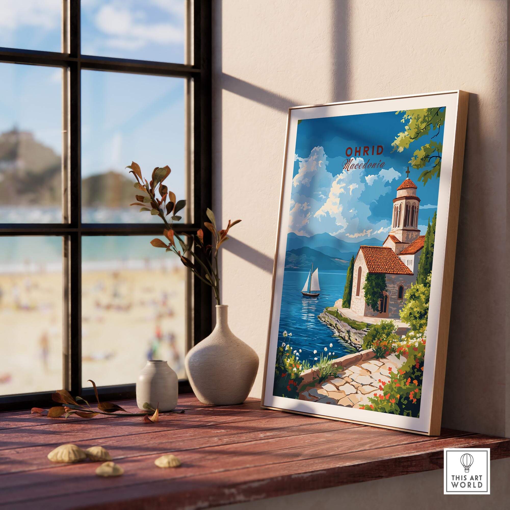 Ohrid Wall Art featuring a scenic lakeside view and a charming building, perfect for home decor and art lovers.