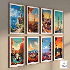 Ohrid Wall Art collection featuring vibrant travel prints of iconic cities like Paris, Barcelona, London, and more.