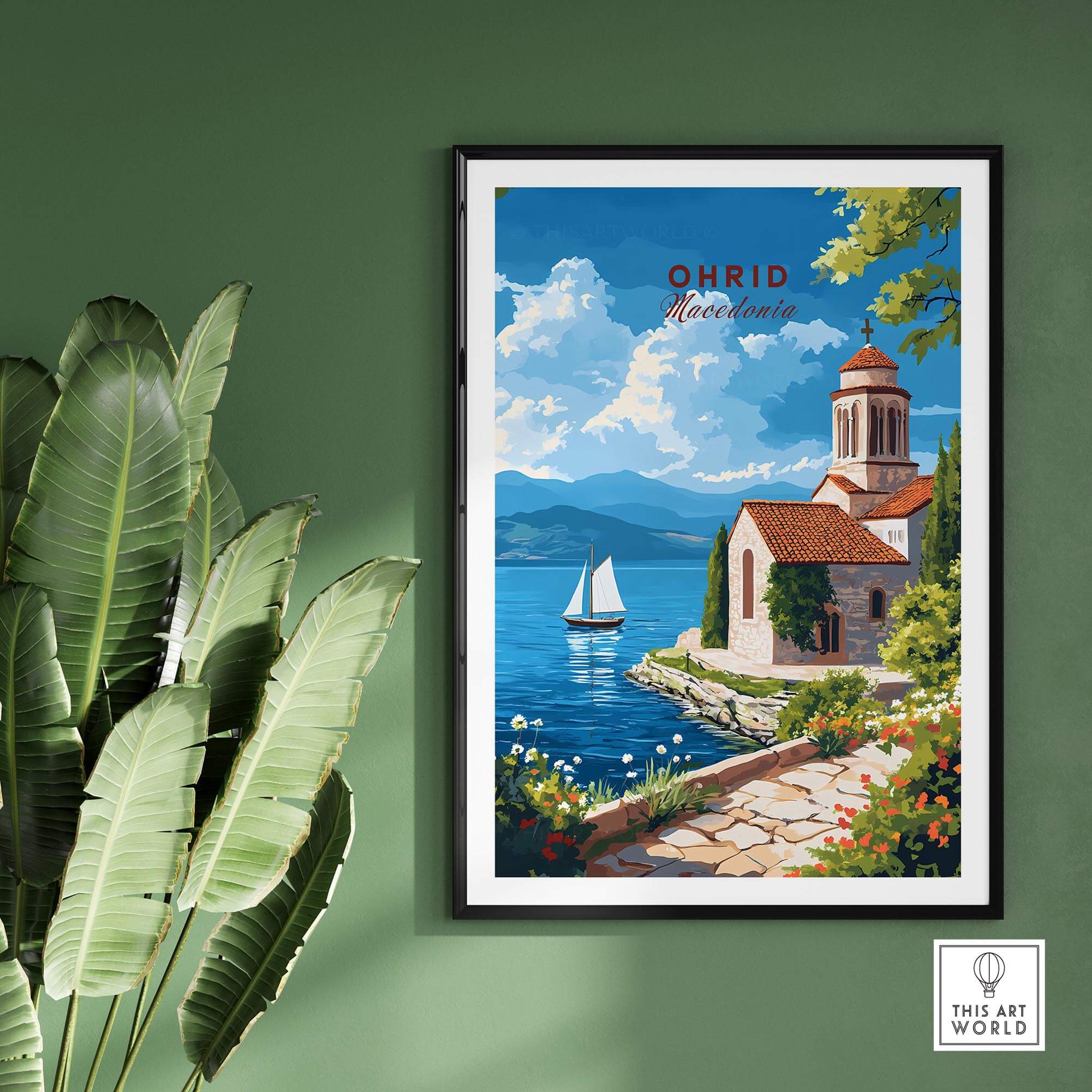 Ohrid Wall Art showcasing a scenic view of Macedonia with a lake, mountains, and traditional architecture.