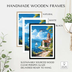 Ohrid Wall Art in handmade wooden frames, natural, white, and black, with clear perspex glaze, ready to hang.
