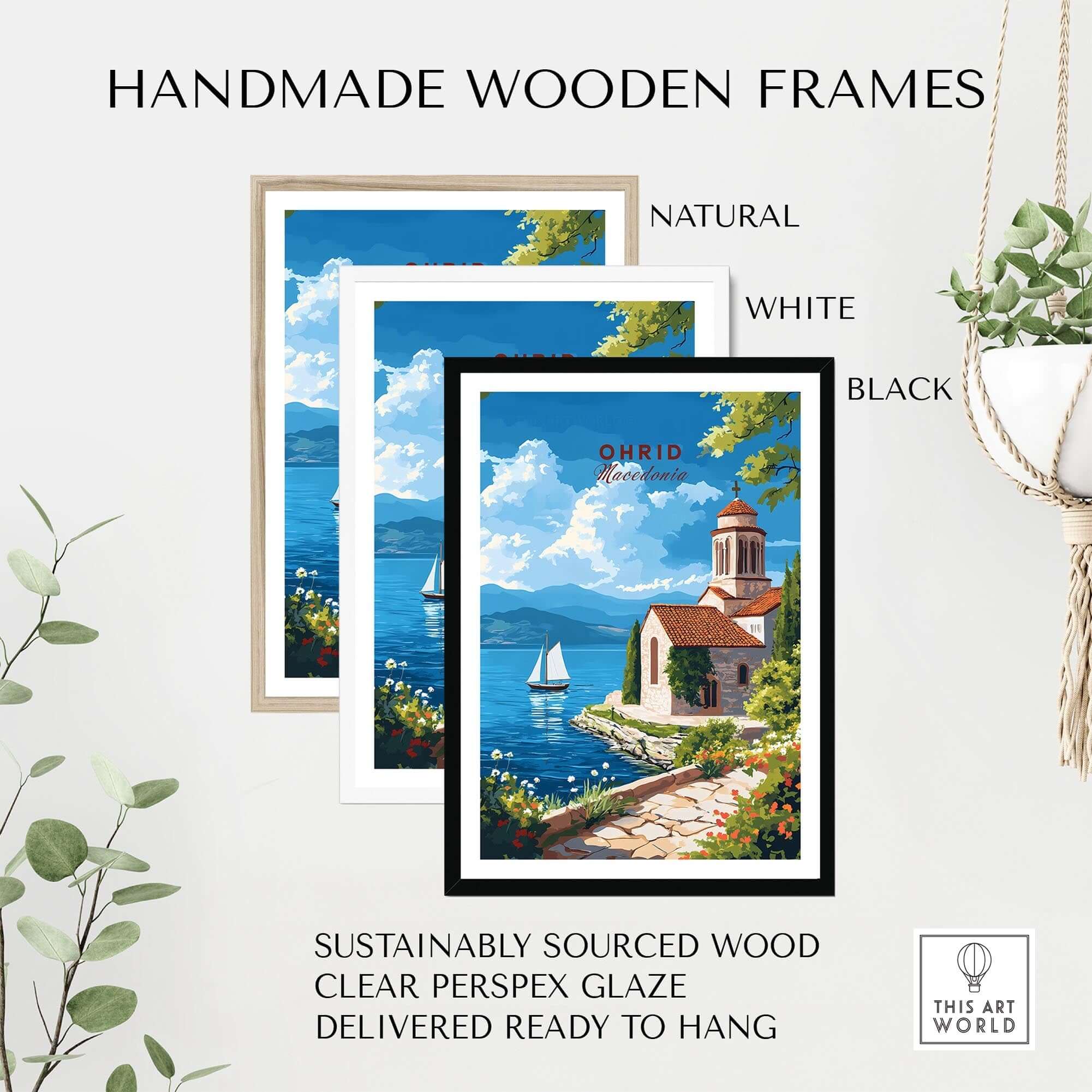 Ohrid Wall Art in handmade wooden frames, natural, white, and black, with clear perspex glaze, ready to hang.