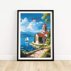 Ohrid Wall Art featuring a picturesque lakeside scene of Macedonia with a charming church and sailboat.