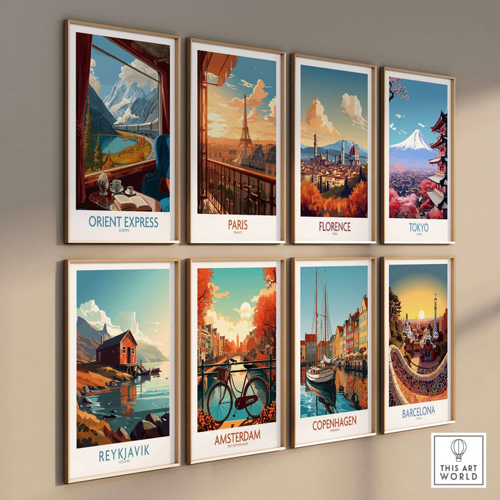 Orient Express Art Print | Alpine Lake Poster displayed among other travel-themed art prints on a contemporary wall.