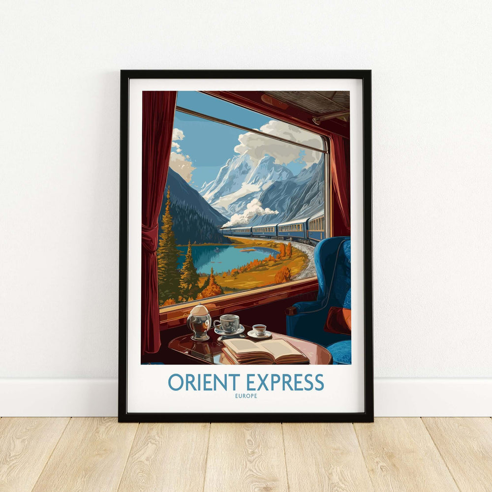 Orient Express Art Print | Alpine Lake Poster showcasing stunning mountain views from a train window.