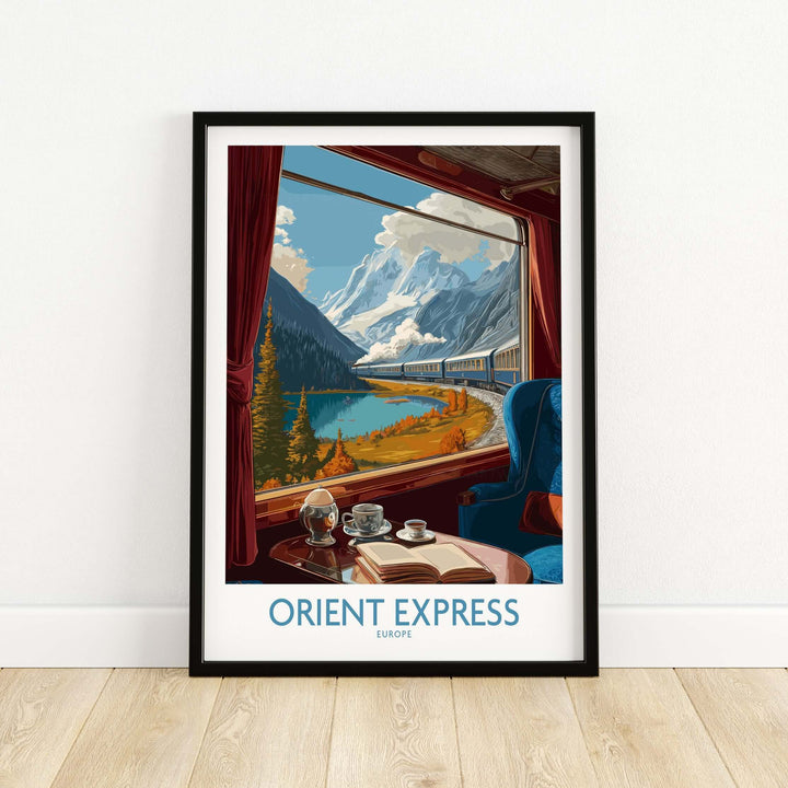 Orient Express Art Print | Alpine Lake Poster showcasing stunning mountain views from a train window.