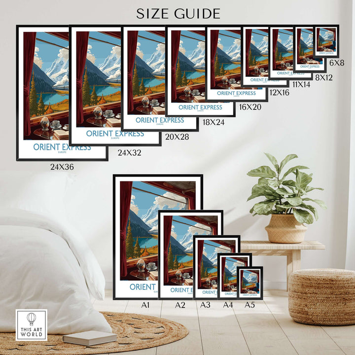 Orient Express Art Print | Alpine Lake Poster size guide showcasing various dimensions and placement options.