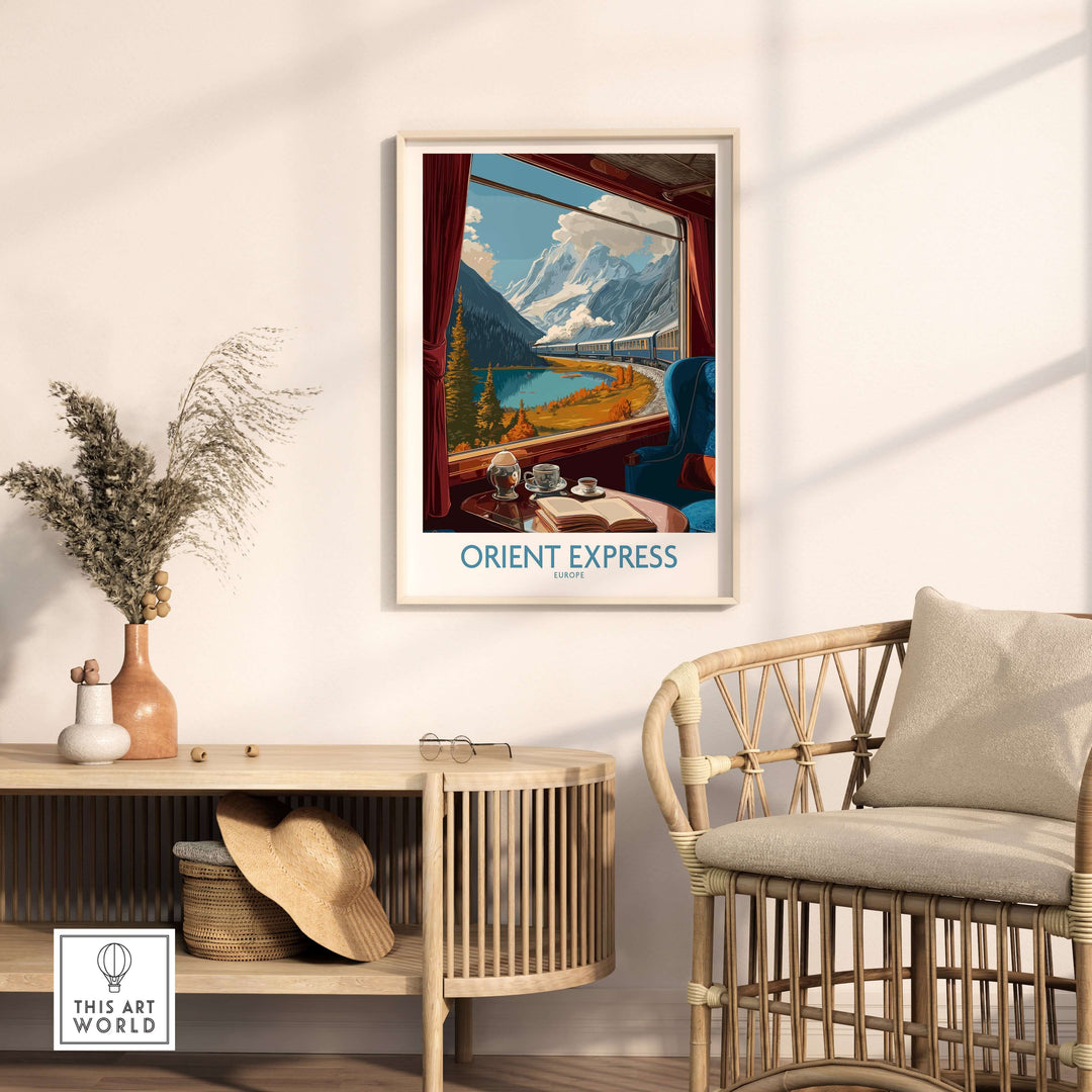 Orient Express Art Print | Alpine Lake Poster featuring a scenic view from a train window.