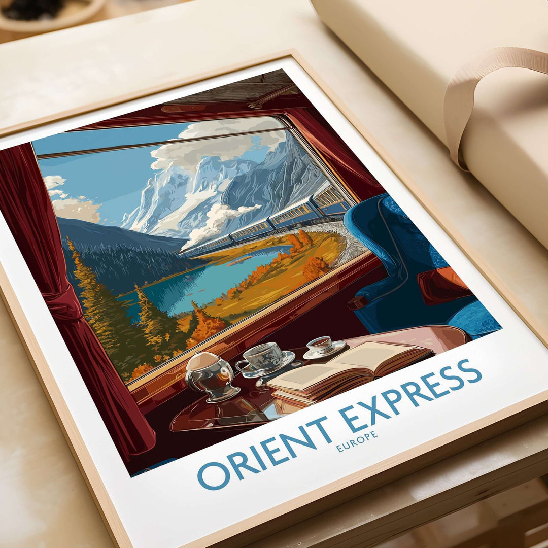 Orient Express Art Print | Alpine Lake Poster showcasing a mountain lake view through a train window.