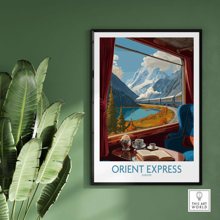 Orient Express Art Print | Alpine Lake Poster showcasing a scenic view from a train window overlooking a tranquil lake and mountains.